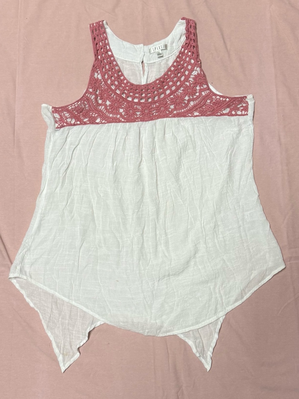 Spense White Tank with Pink Crochet Yoke